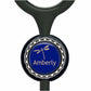 A blue and silver stethoscope cap with a dragonfly design and the name "Amberly" printed on it.