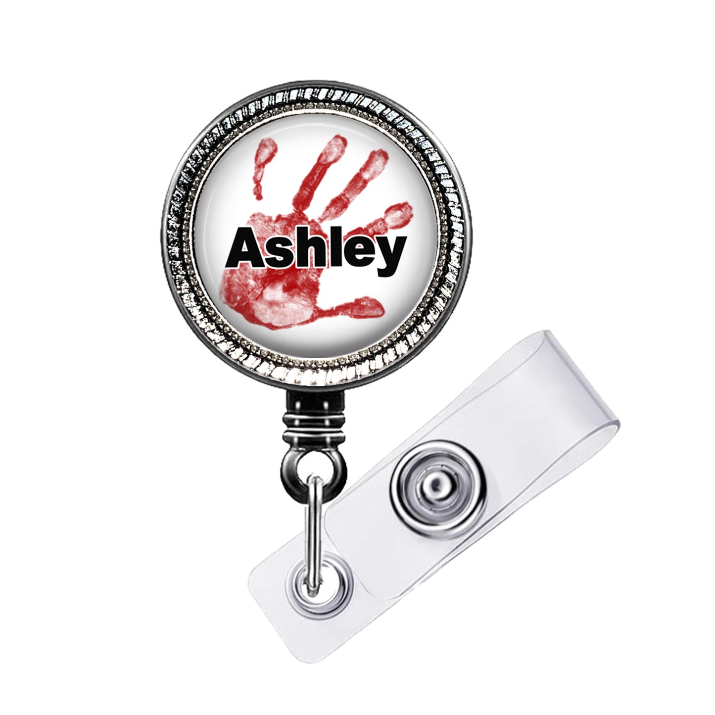 A badge holder with a handprint design and the name "Ashley" printed on it.