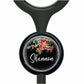 A black stethoscope with a circular black and white floral design on the front.