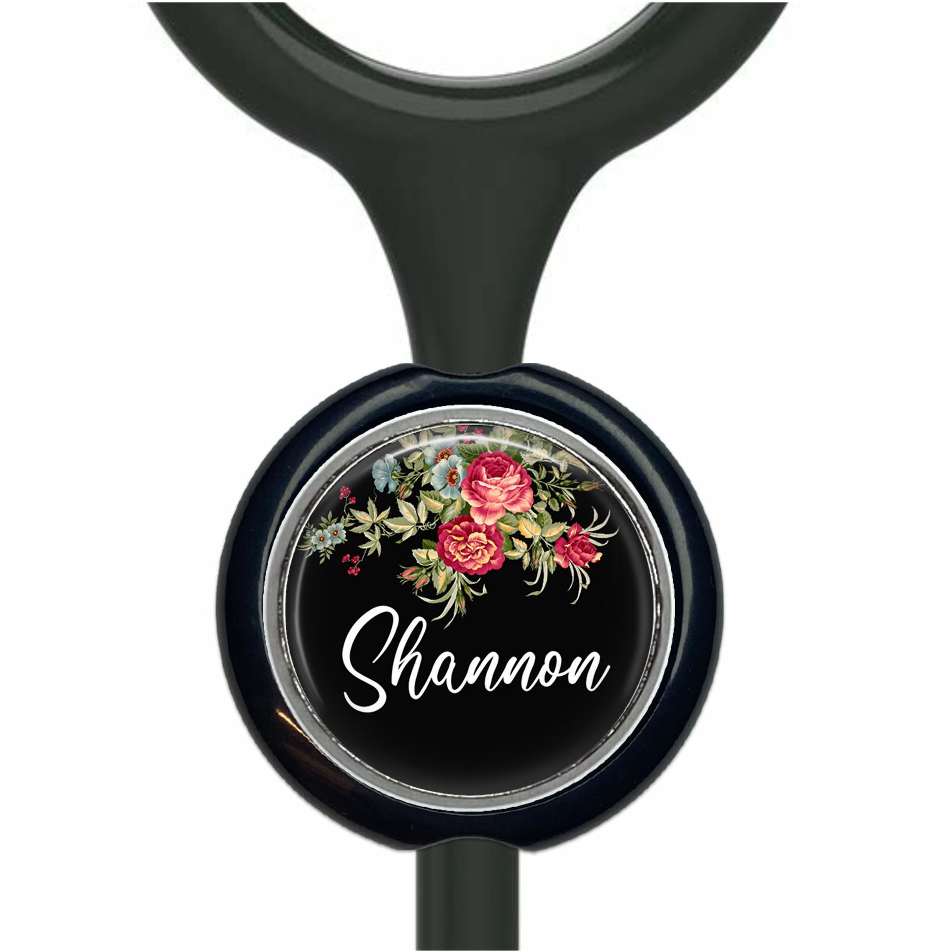 A black stethoscope with a circular black and white floral design on the front.