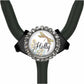 A black stethoscope with a round, ornate charm featuring a dragonfly and the word "Holly" on it.