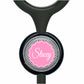 A black stethoscope with a personalized nameplate attached to it.
