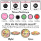 various designs of personalized buttons and monogrammed monogrammed buttons, along with information about their sizes and settings.