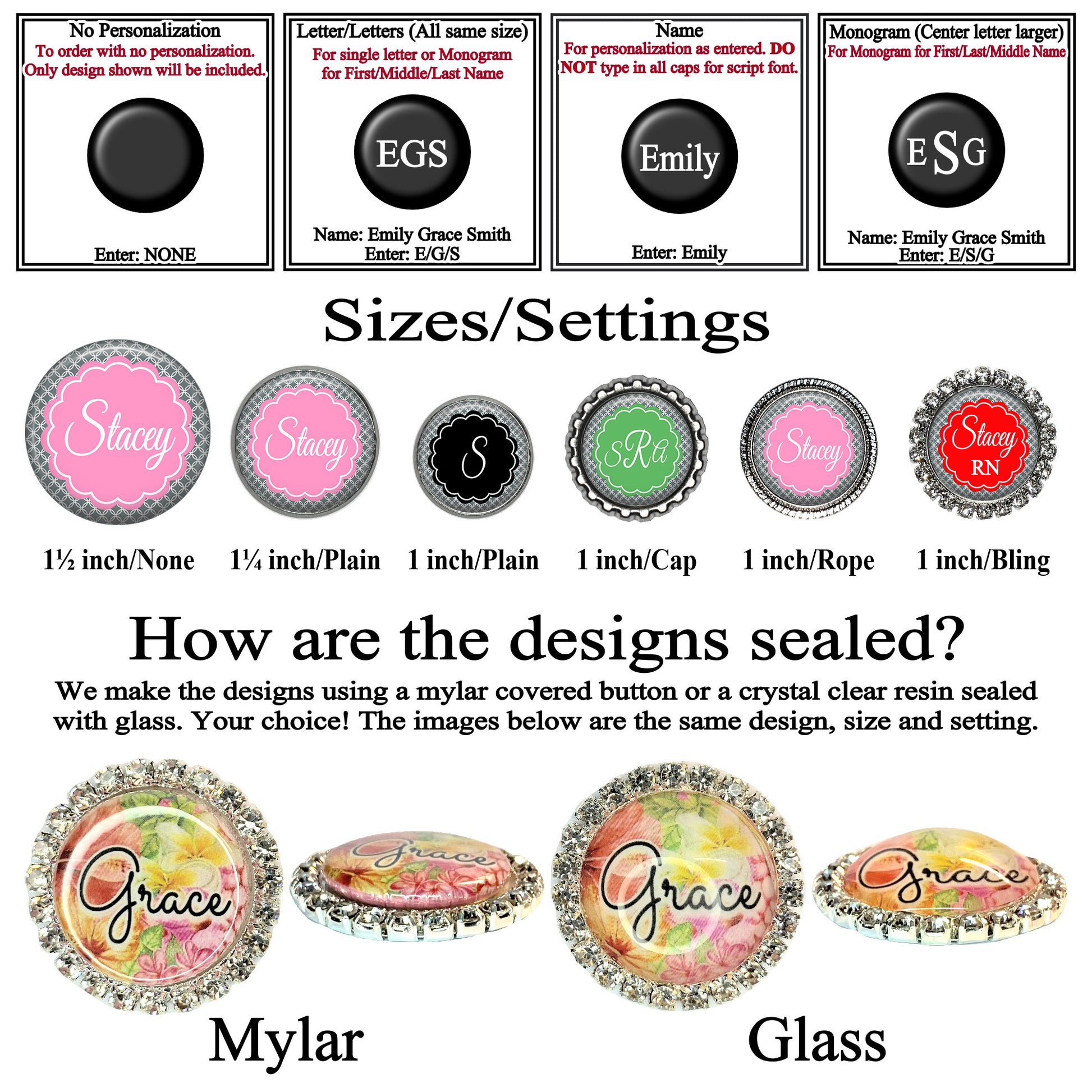 various designs of personalized buttons and monogrammed monogrammed buttons, along with information about their sizes and settings.