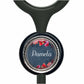 A black stethoscope with a round, personalized nameplate attached to it.