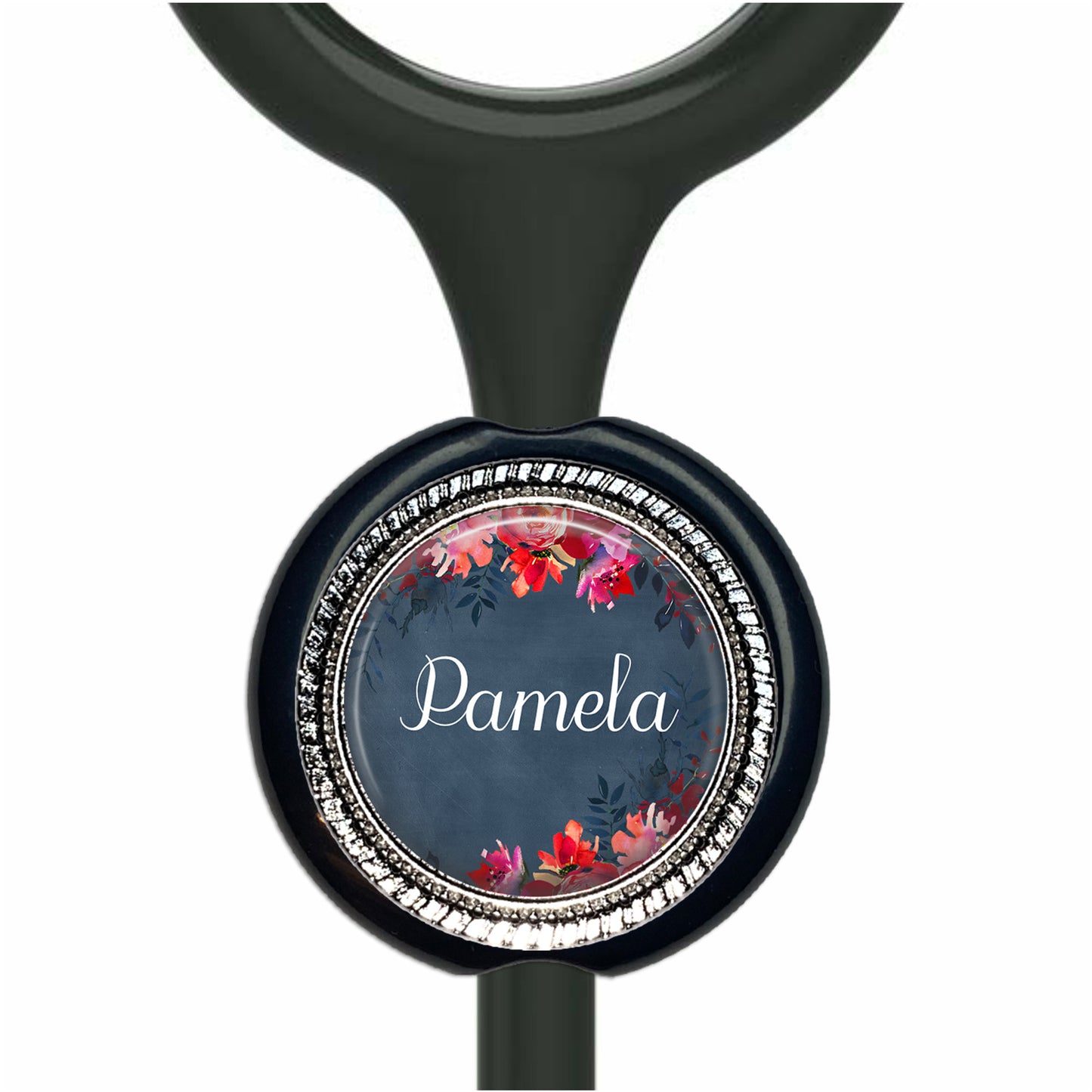 A black stethoscope with a round, personalized nameplate attached to it.