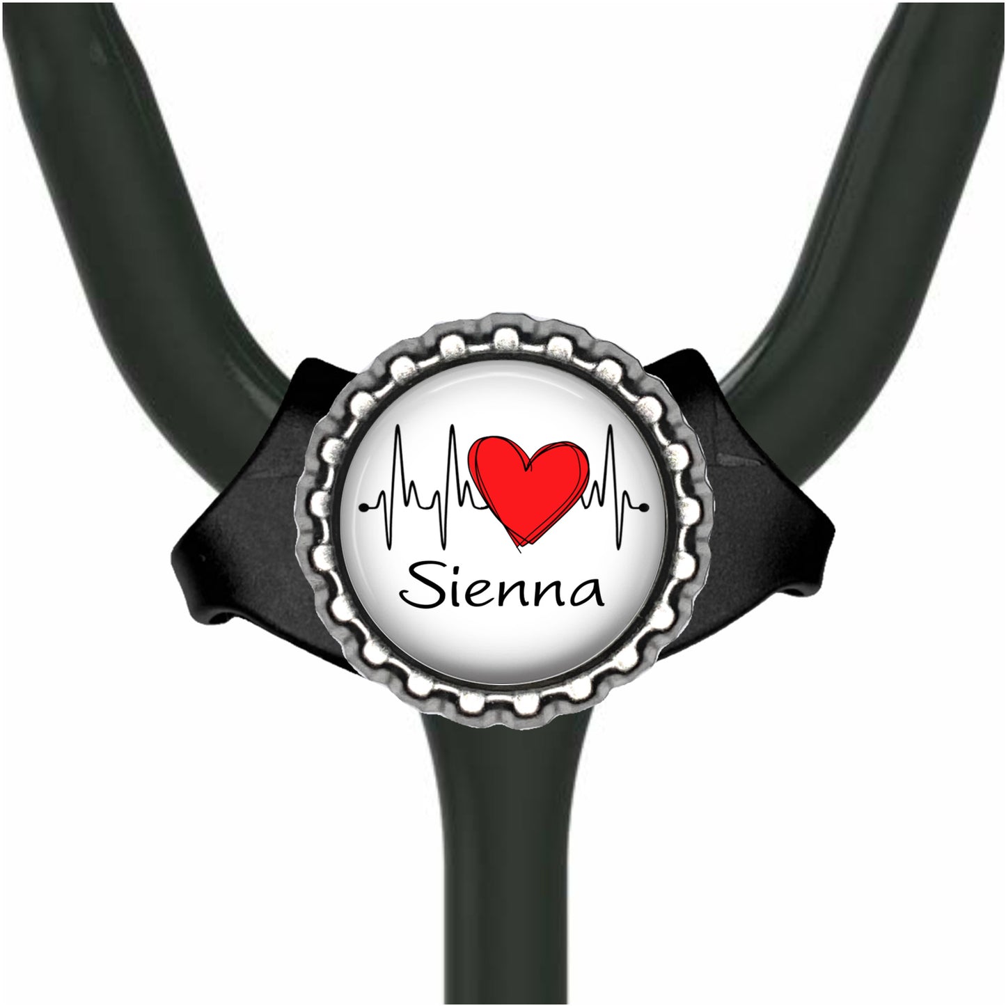 A stethoscope with a personalized name badge attached to it.