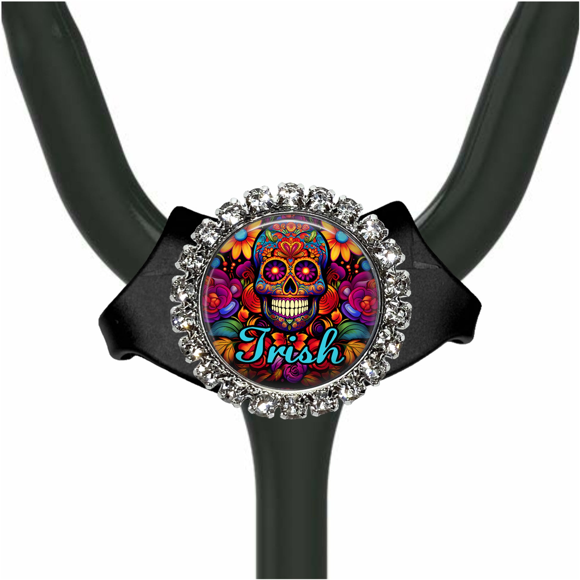 A black stethoscope with a colorful, circular charm featuring a skull design and the word "Irish" written on it.