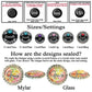 various designs of personalized buttons and monogrammed monogrammed buttons, along with information about their sizes and settings. The designs are sealed using a mylar covered button or a crystal clear resin sealed with glass. The images show the same design, size, and setting for each item, and the text describes how the designs are sealed.