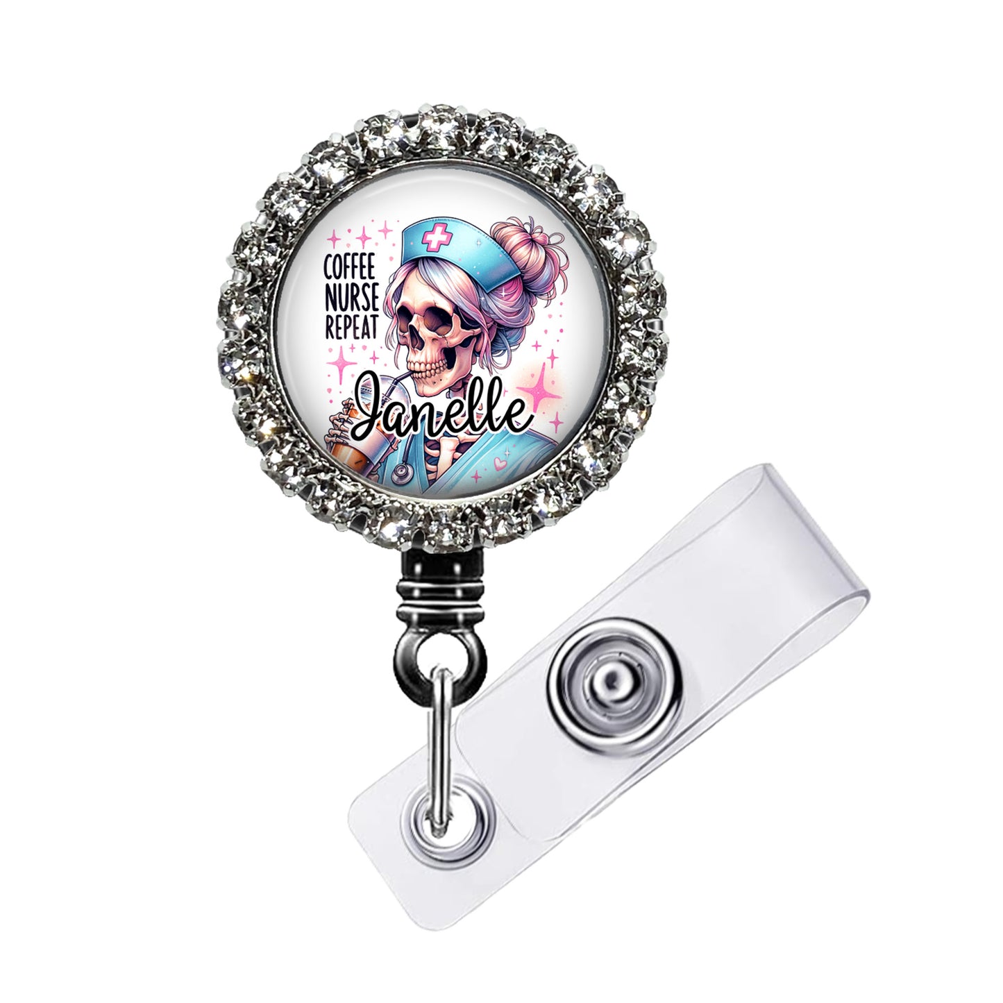A lanyard with a decorative metal frame and a printed image of a skeleton wearing a nurse's outfit.