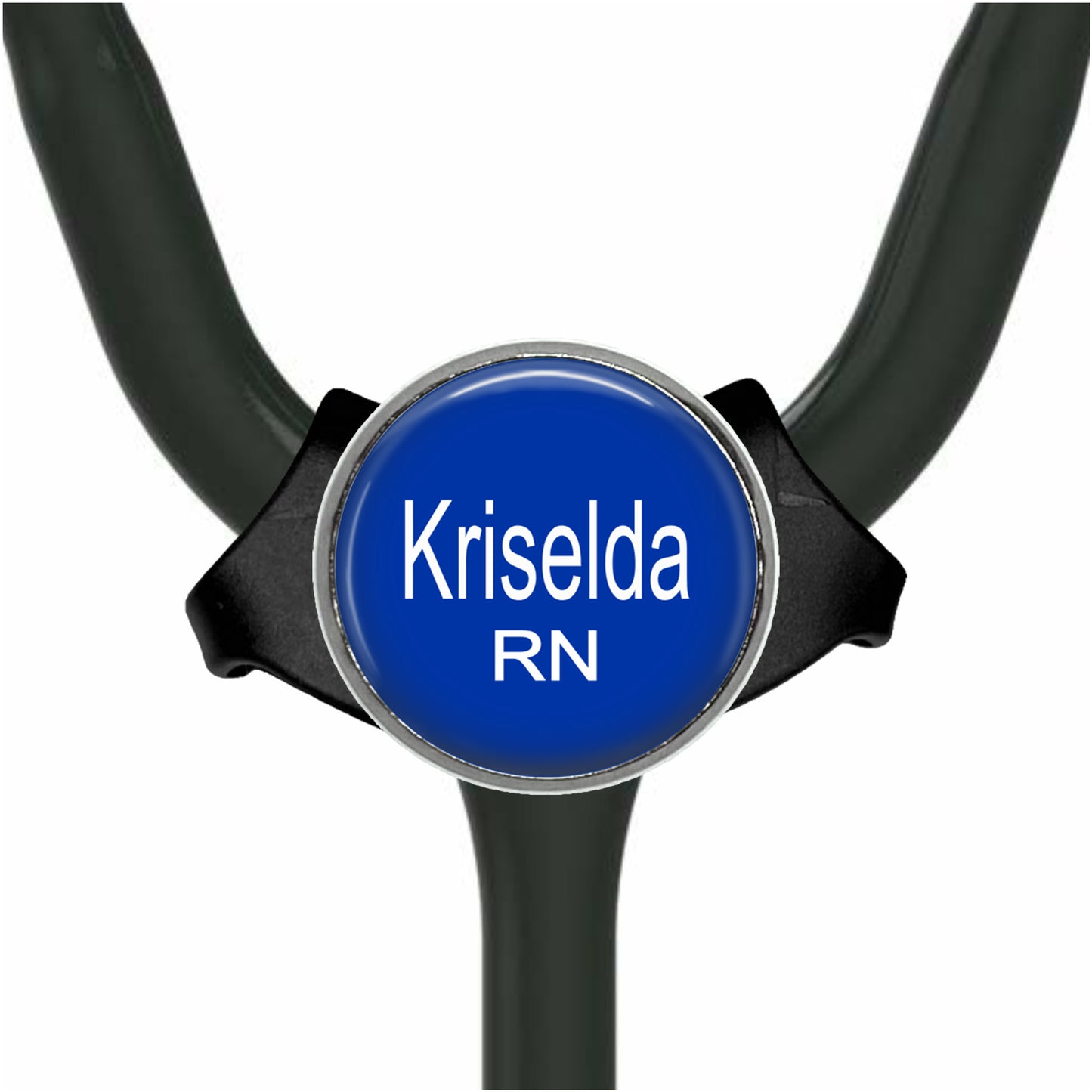 a stethoscope with a blue name badge that says "Krisela RN".