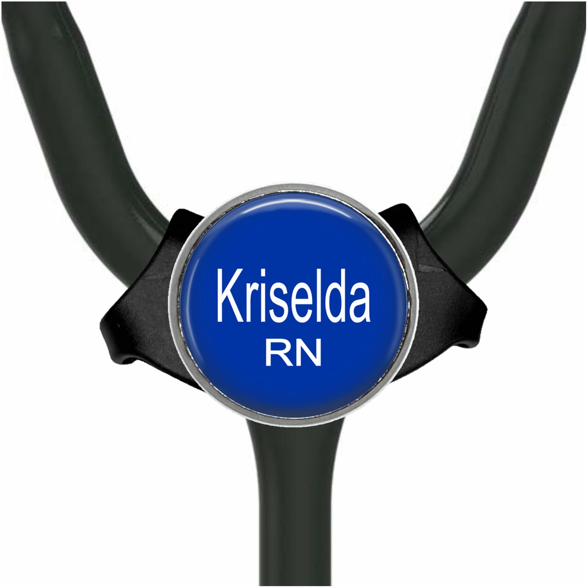 a stethoscope with a blue name badge that says "Krisela RN".
