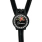 A black stethoscope with a round, floral-designed badge that says "Shannon" on it.