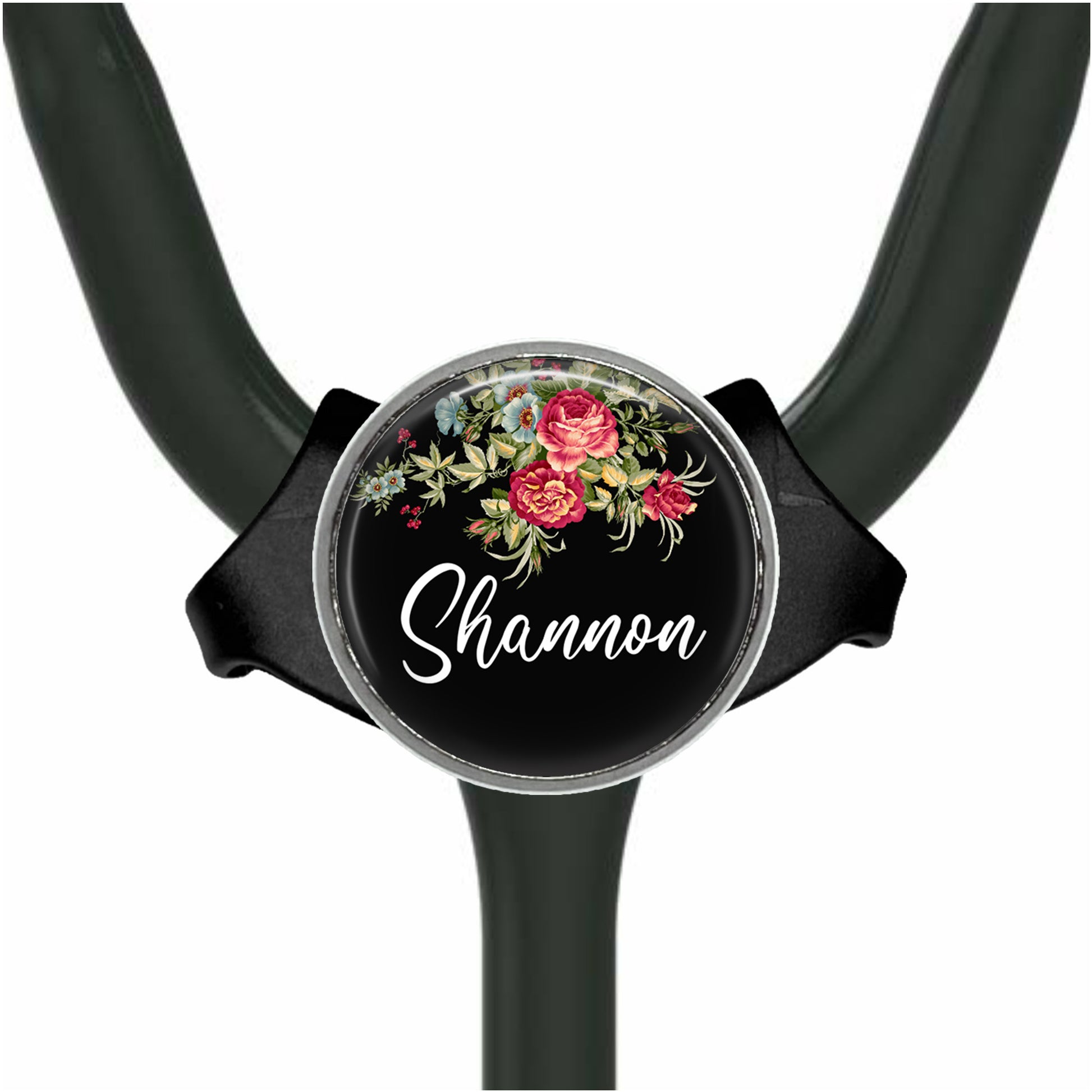 A black stethoscope with a floral design and the name "Shannon" printed on it.
