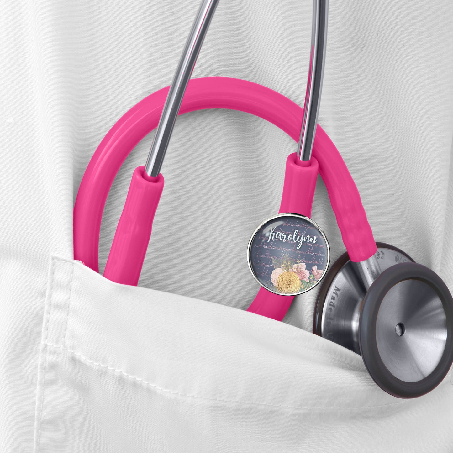 Gold Pink Floral Stethoscope Id Name Tag Charm Personalized