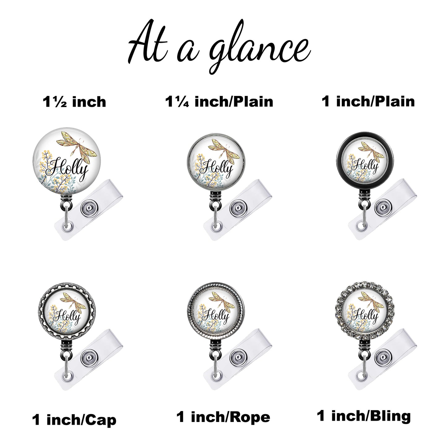 six different badge designs, each with a unique size and style. The badges are labeled with the name "Holly" and are available in various sizes, including 1/2 inch, 1/4 inch, 1 inch/Plain, 1 inch/Plain, 1 inch/Cap, and 1 inch/Rope.