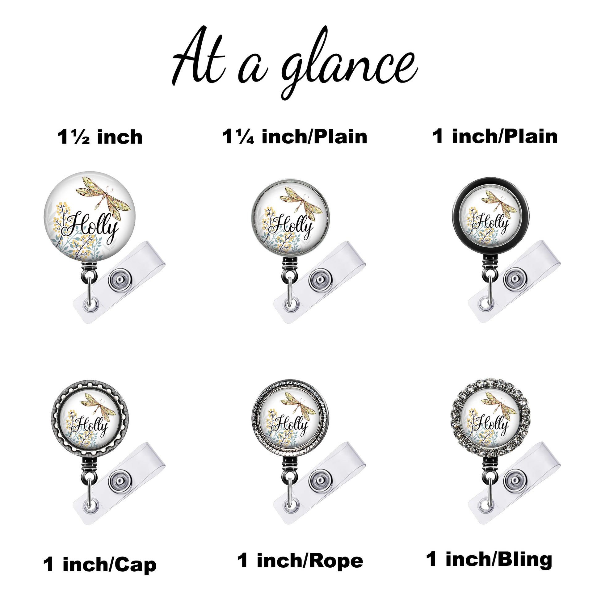 six different badge designs, each with a unique size and style. The badges are labeled with the name "Holly" and are available in various sizes, including 1/2 inch, 1/4 inch, 1 inch/Plain, 1 inch/Plain, 1 inch/Cap, and 1 inch/Rope.