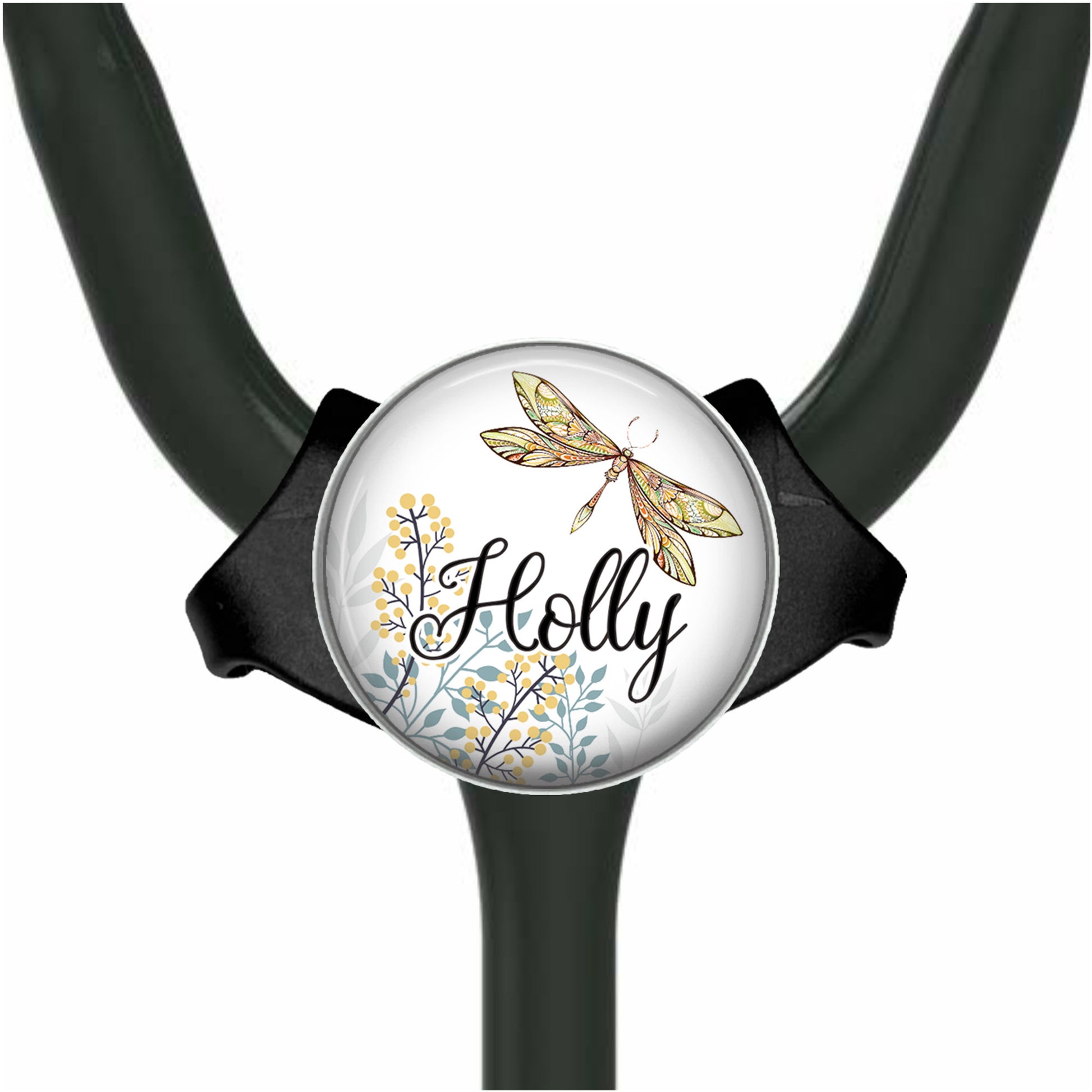 A round, black-and-white medical device with a colorful, floral design and the name "Holly" written on it.