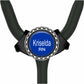 A stethoscope with a blue circular badge that says "Krisela RN".