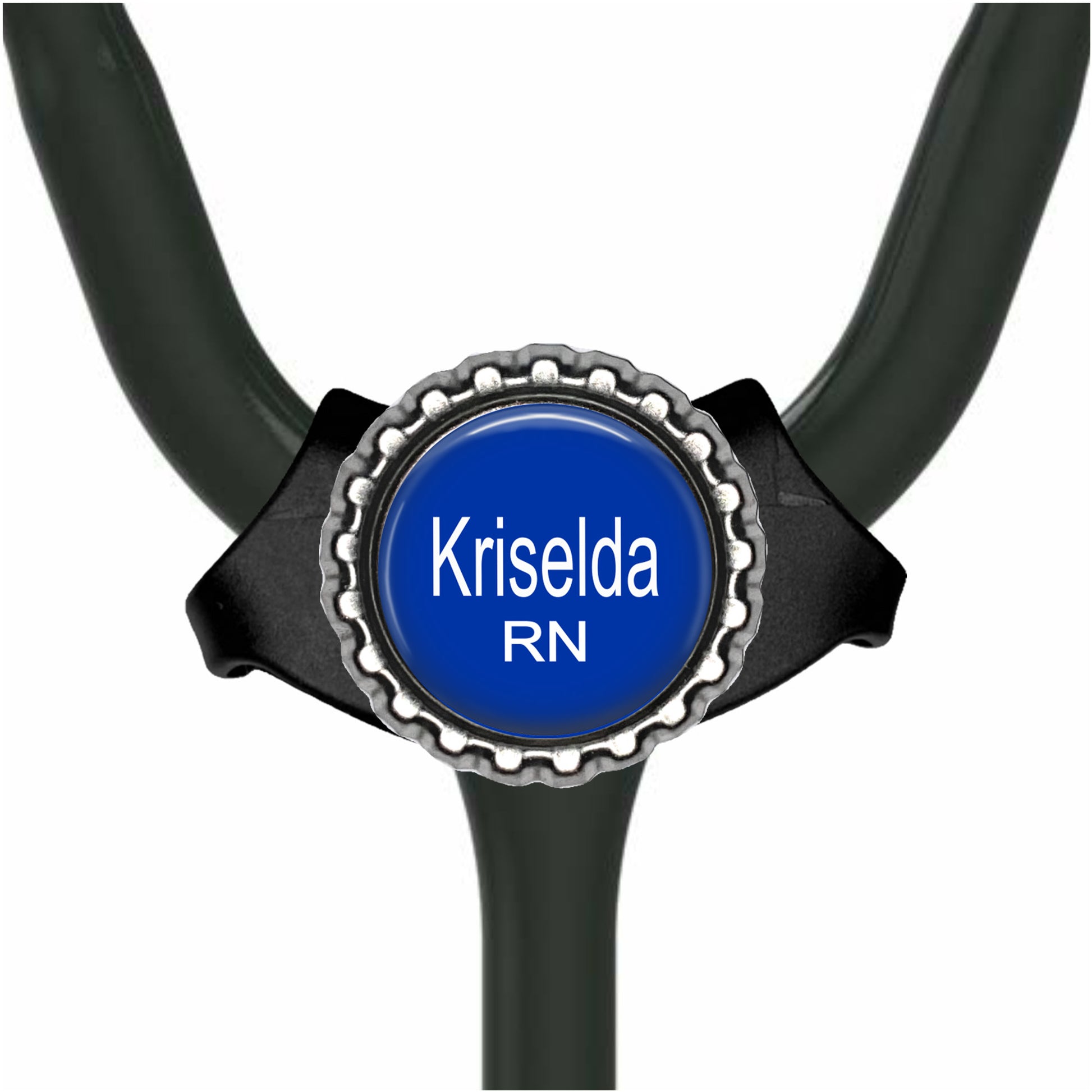 A stethoscope with a blue circular badge that says "Krisela RN".