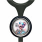 A black stethoscope with a round badge featuring a cartoon image of a skeleton wearing a nurse's hat and the text "Coffee Nurse Repeat Janelle".