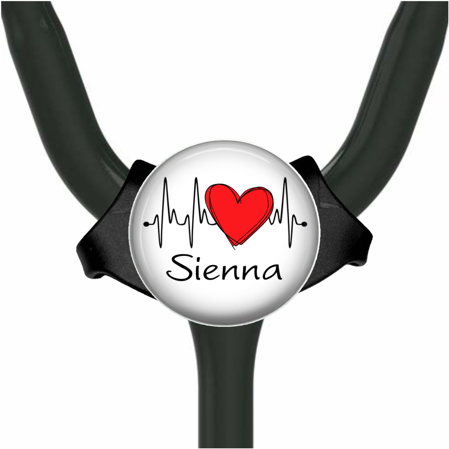 A stethoscope with a heart-shaped badge that says "Siena" and has a line graph or ECG symbol on it.