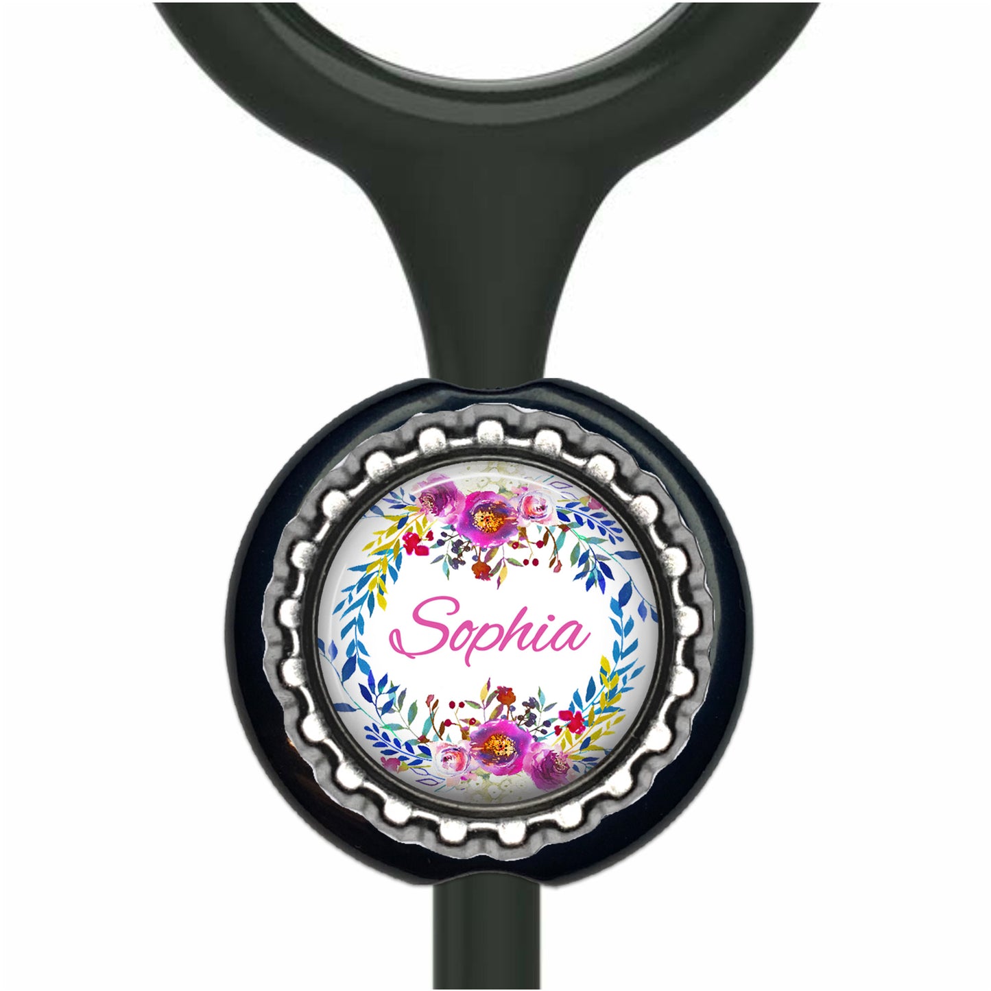 A black stethoscope with a round, floral-designed charm attached to it, displaying the name "Sophia".