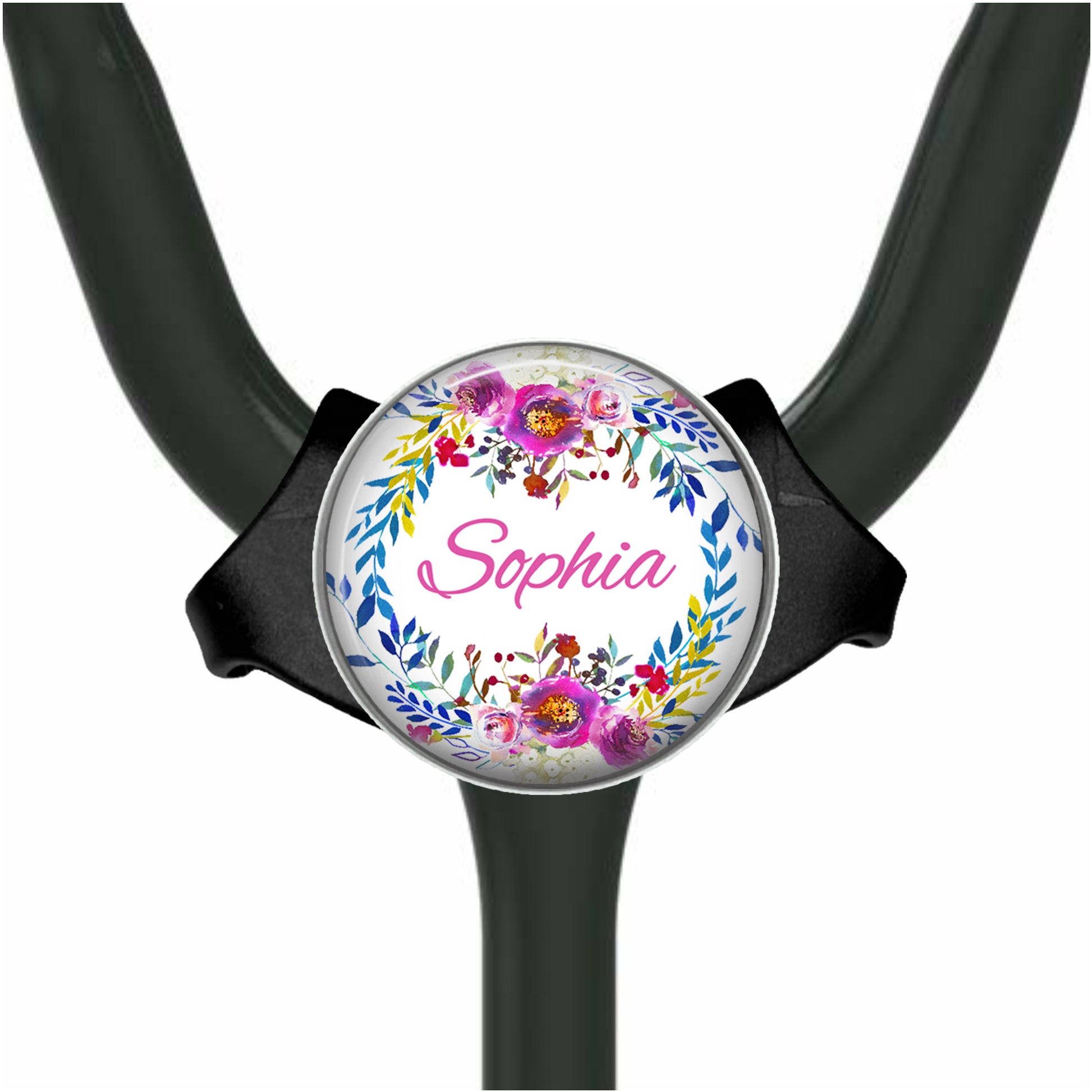 A stethoscope with a personalized name badge attached to it.