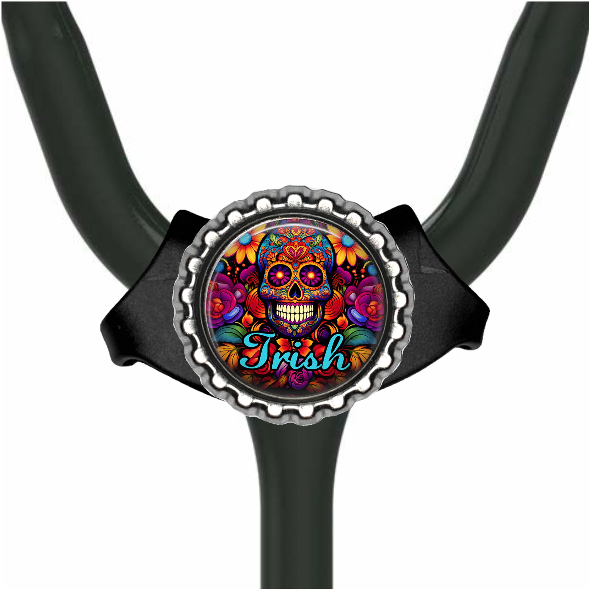 A colorful, circular design featuring a skull with a floral pattern and the word "Irish" written on it, mounted on a black strap or bracelet.