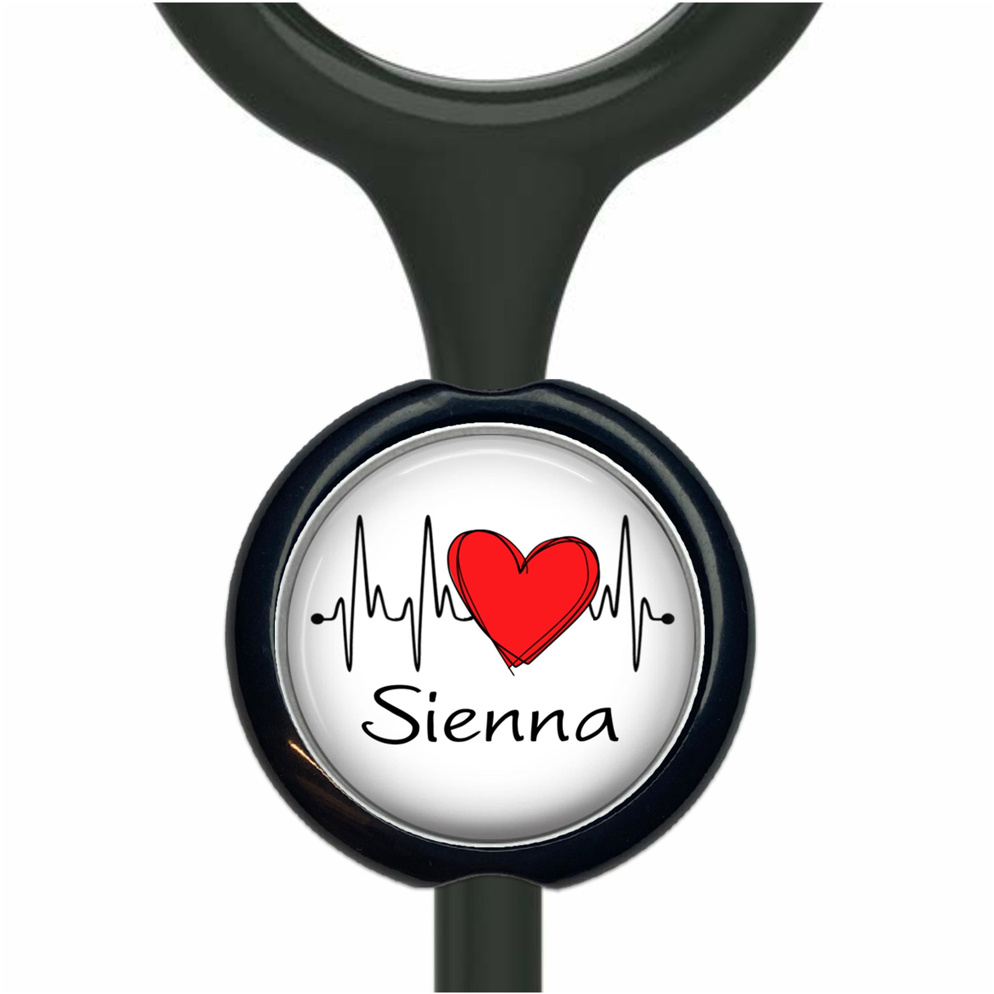 A black stethoscope with a round badge featuring a red heart and a line graph, along with the name "Siena" written below.