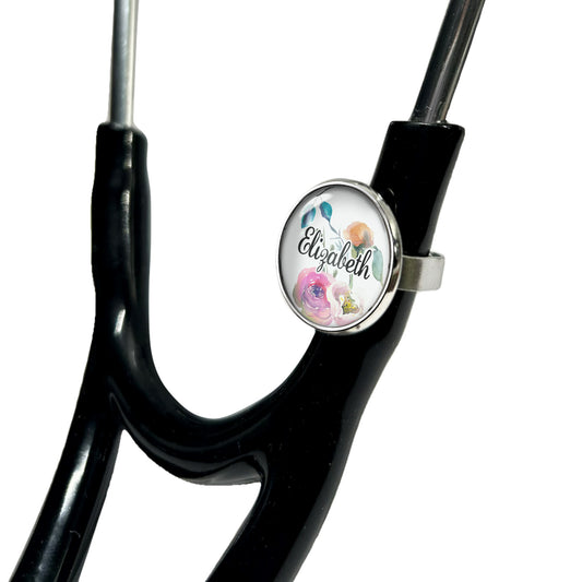 Watercolor Floral Stethoscope Id Name Tag Charm Personalized