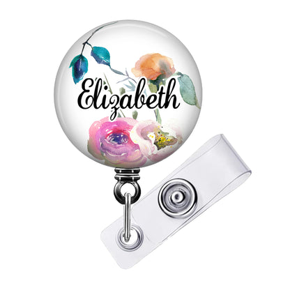 Watercolor Floral Badge Reel - Personalized Retractable Badge Holder With Swivel Clip - 806