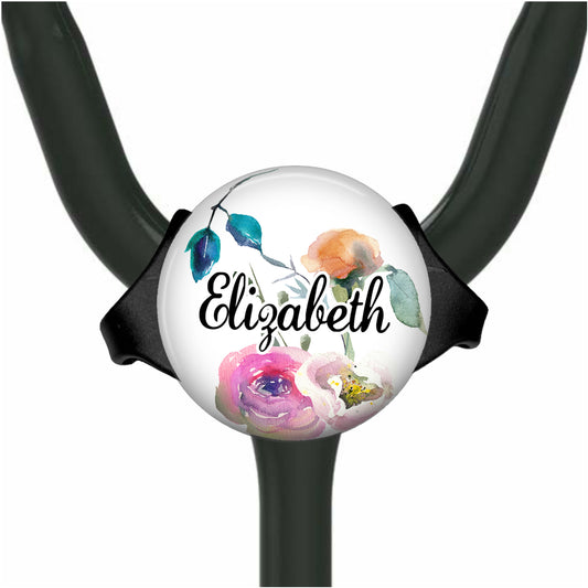 Watercolor Floral Yoke Stethoscope Id Name Tag Personalized