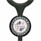 A black stethoscope with a round, personalized nameplate attached to it.