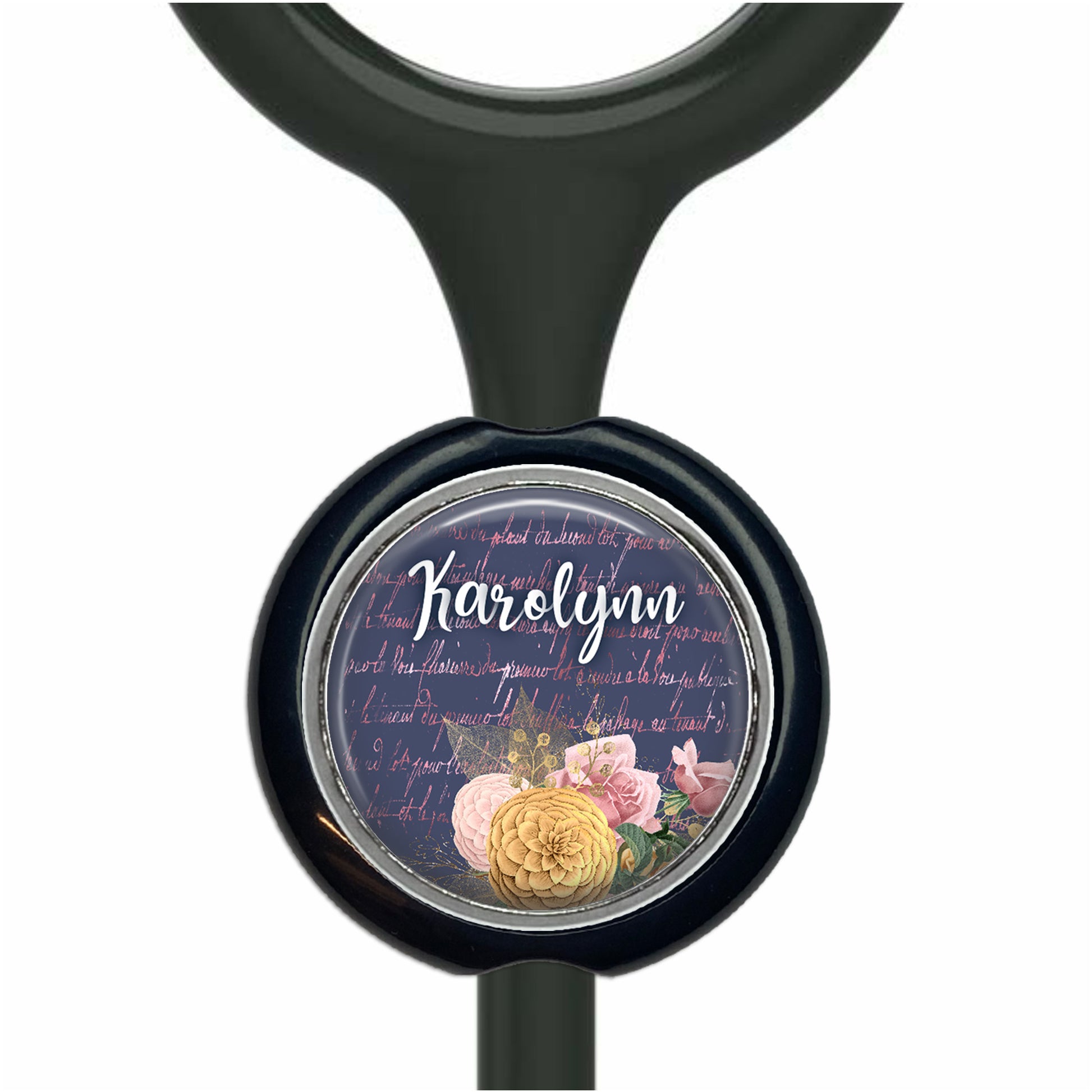 A black stethoscope with a circular charm featuring a floral design and the name "Karen" written on it.