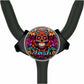 A colorful, circular charm with a skull design and floral patterns.