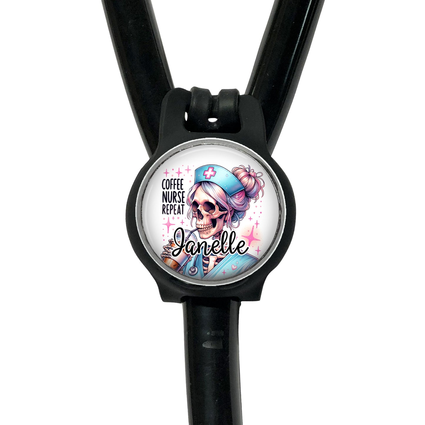 A black stethoscope with a round badge featuring a cartoon skeleton wearing a nurse's outfit and the text "Coffee nurse repeat Janelle".