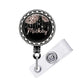 A black and silver badge holder with the name "Mickey" written on it.