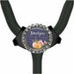 A black stethoscope with a decorative charm featuring a floral design and the name "Harlynn" written on it.
