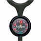 A black stethoscope with a round, personalized nameplate featuring a pink flower and a colorful, patterned border.