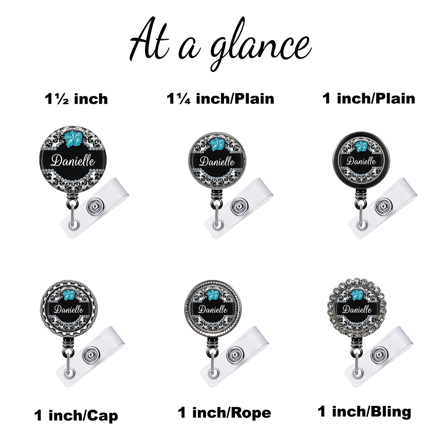 six different badge designs, each with a unique size and style. The badges are labeled with the name "Danielle" and are available in various sizes, including 1/2 inch, 1/4 inch, 1 inch/Plain, 1 inch/Plain, 1 inch/Rope, and 1 inch/Bling.