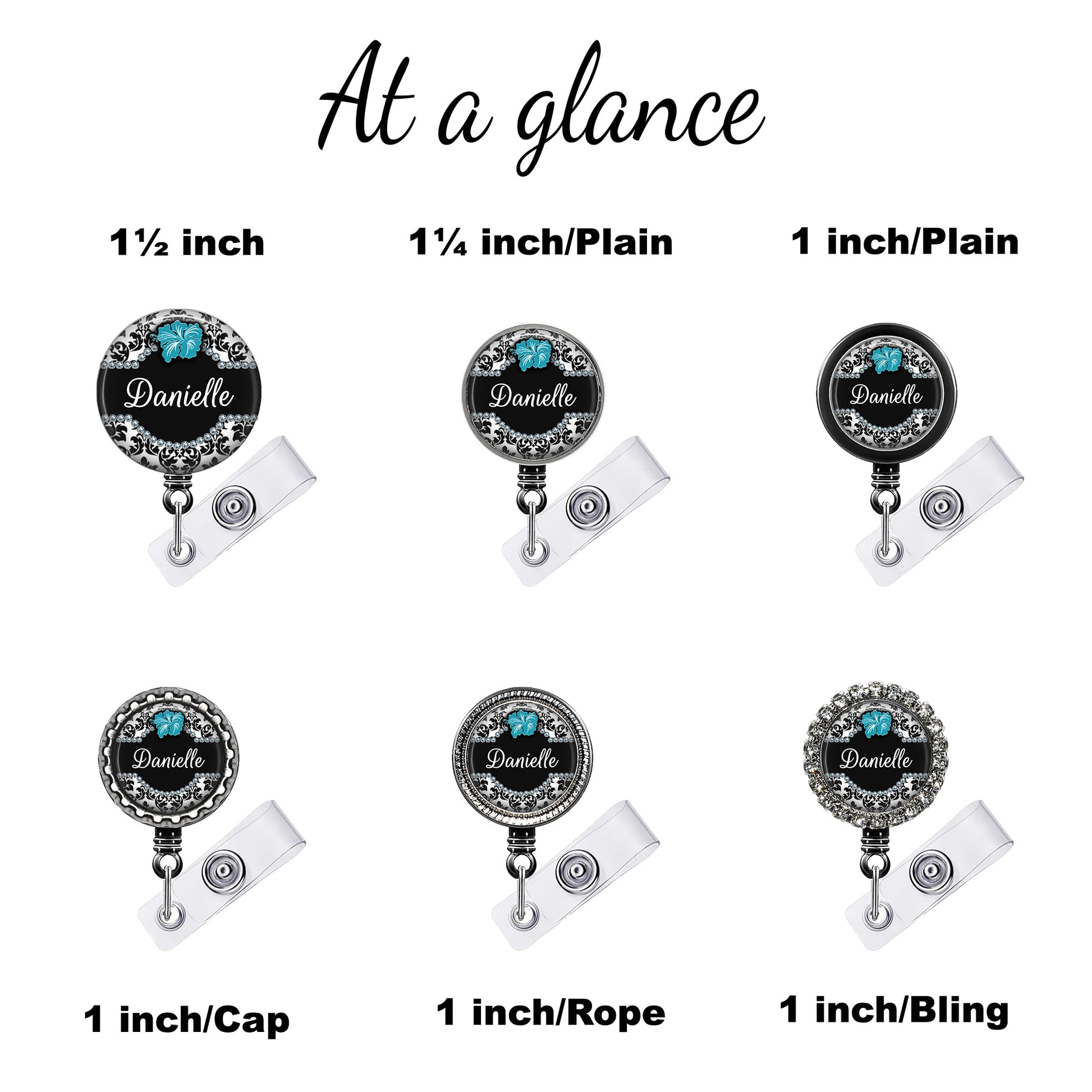 six different badge designs, each with a unique size and style. The badges are labeled with the name "Danielle" and are available in various sizes, including 1/2 inch, 1/4 inch, 1 inch/Plain, 1 inch/Plain, 1 inch/Rope, and 1 inch/Bling.
