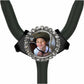 A young boy wearing a helmet is smiling at the camera, with a sparkling rhinestone-encrusted frame around the photo.