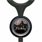 A black stethoscope with a round, black and silver charm featuring the name "Mickey" in cursive script.