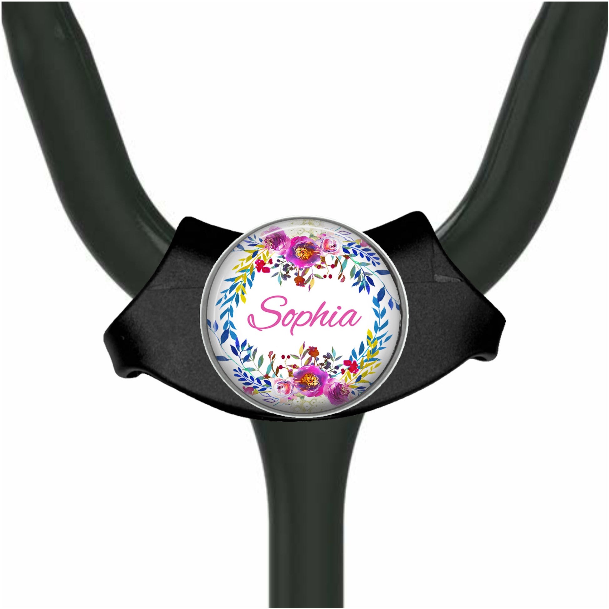 A black stethoscope with a round, personalized nameplate attached to it.