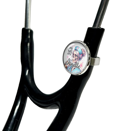 Coffee, Nurse, Repeat Skeleton Stethoscope Id Name Tag Charm Personalized