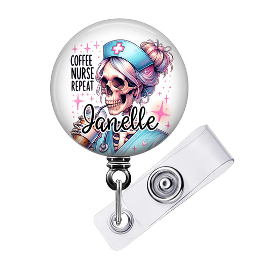 Coffee, Nurse, Repeat Skeleton Retractable ID Badge Reel Holder