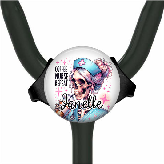 Coffee, Nurse, Repeat Skeleton Yoke Stethoscope Id Name Tag Personalized