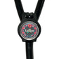A black stethoscope with a personalized name badge attached to it.