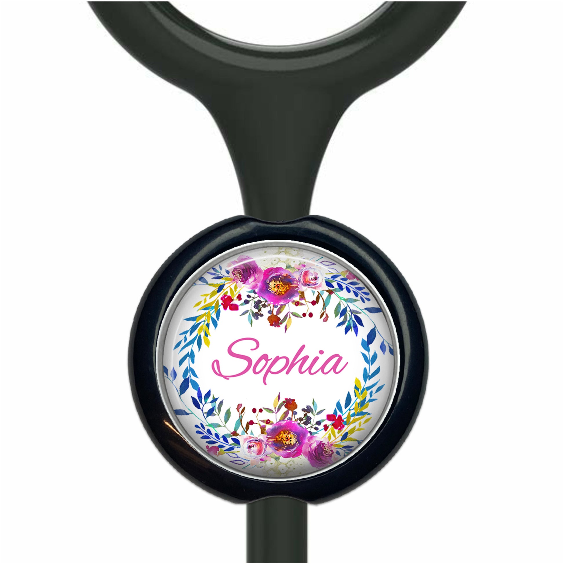 A black stethoscope with a round, floral-designed nameplate that says "Sophia".